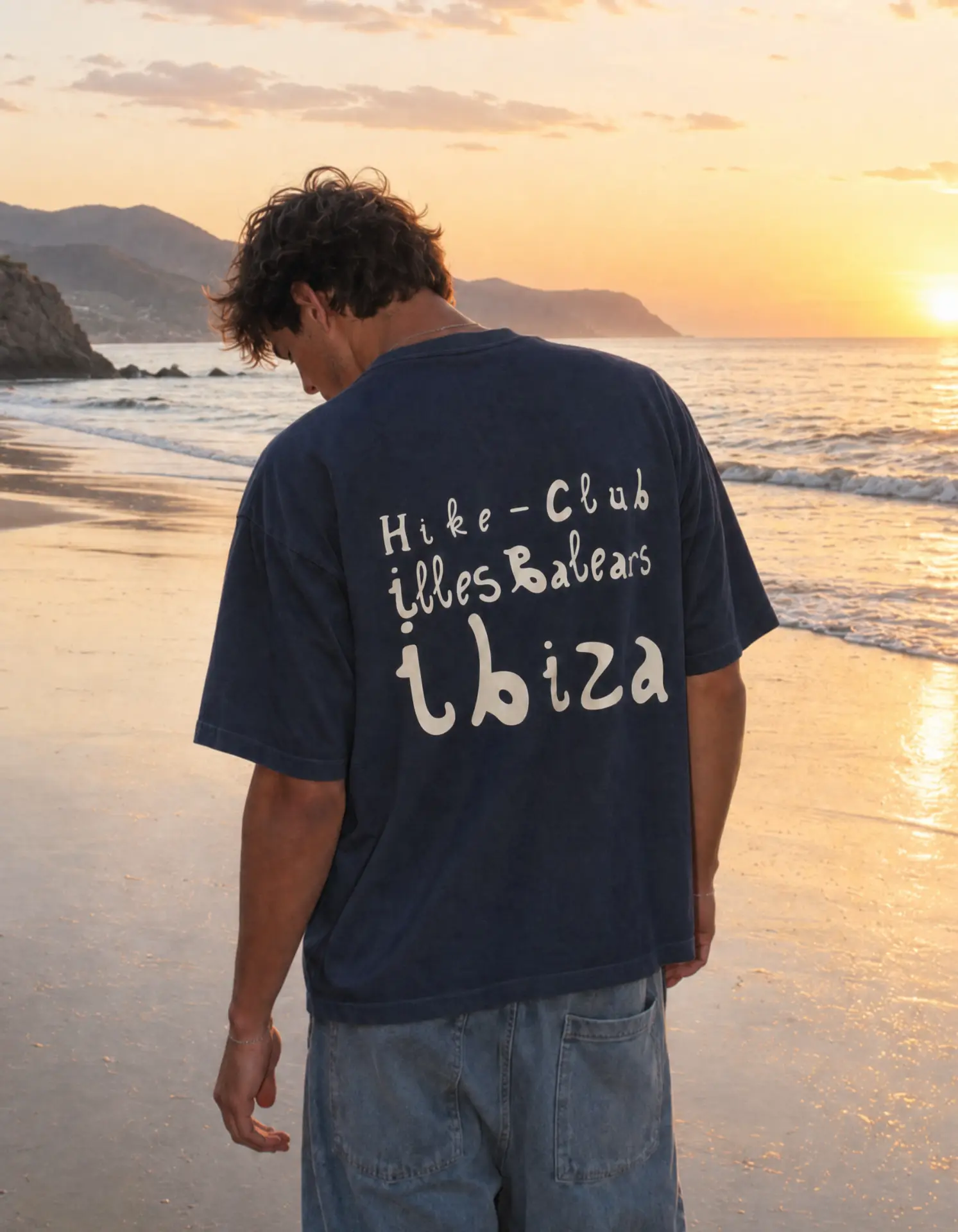 Navy Hike Club Ibiza T-shirt worn on the beach at sunset