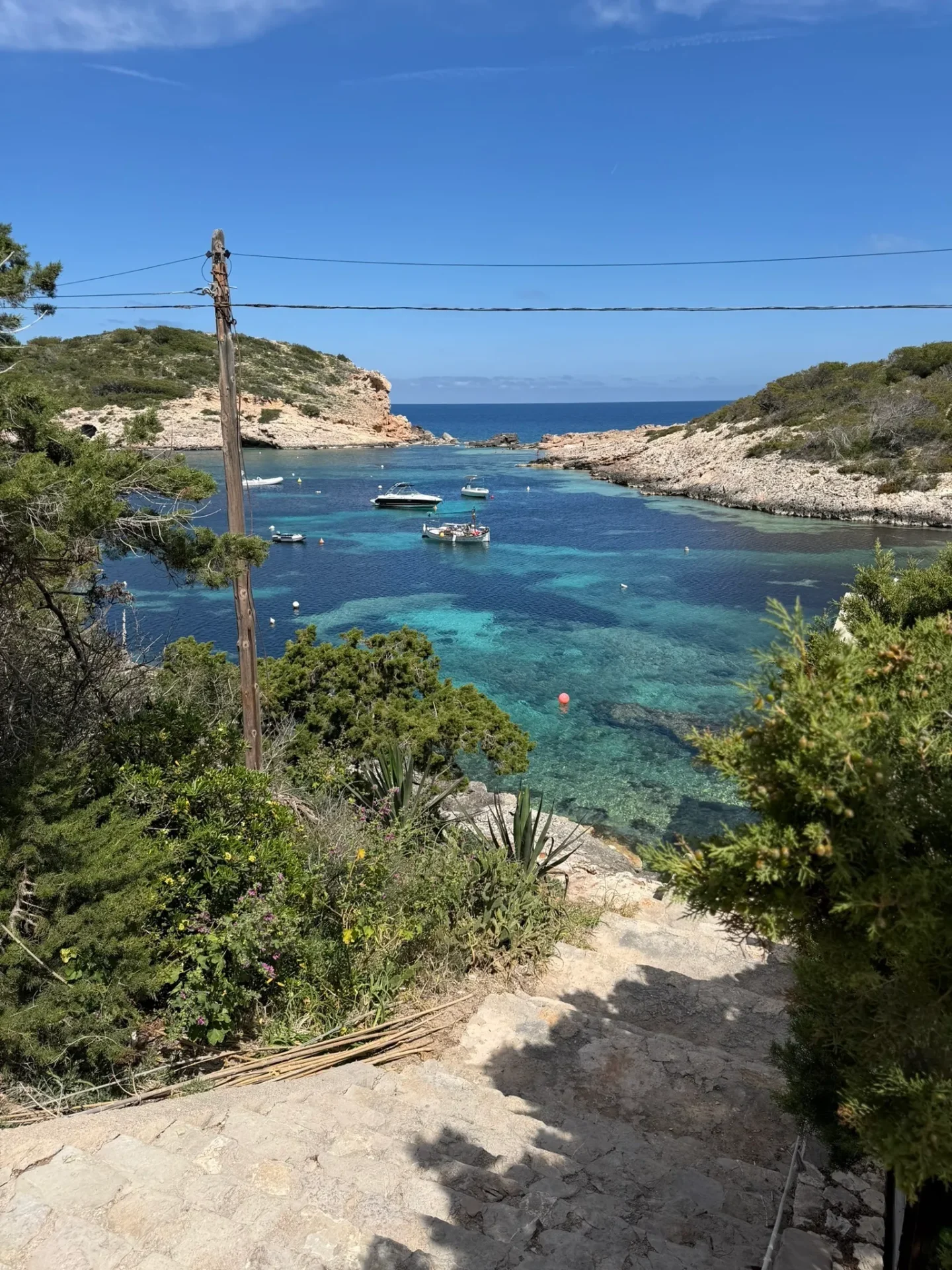 Tower of Light, sheltered cala framed by pines and clear blue water