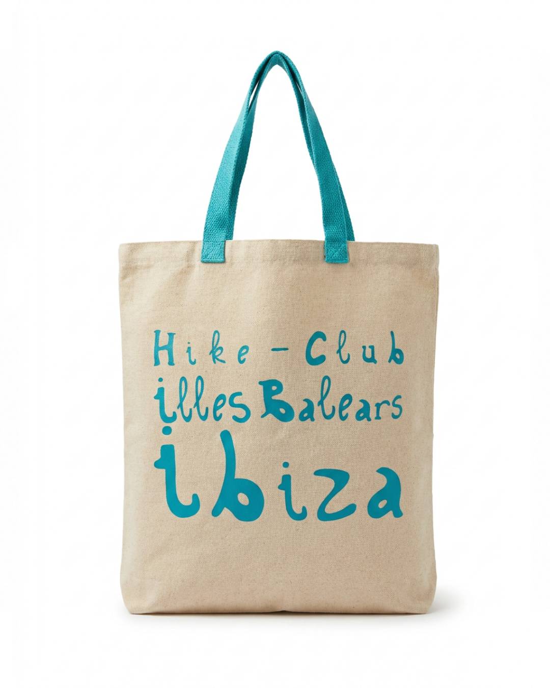 Natural canvas Hike Club Ibiza tote bag with turquoise handles and print