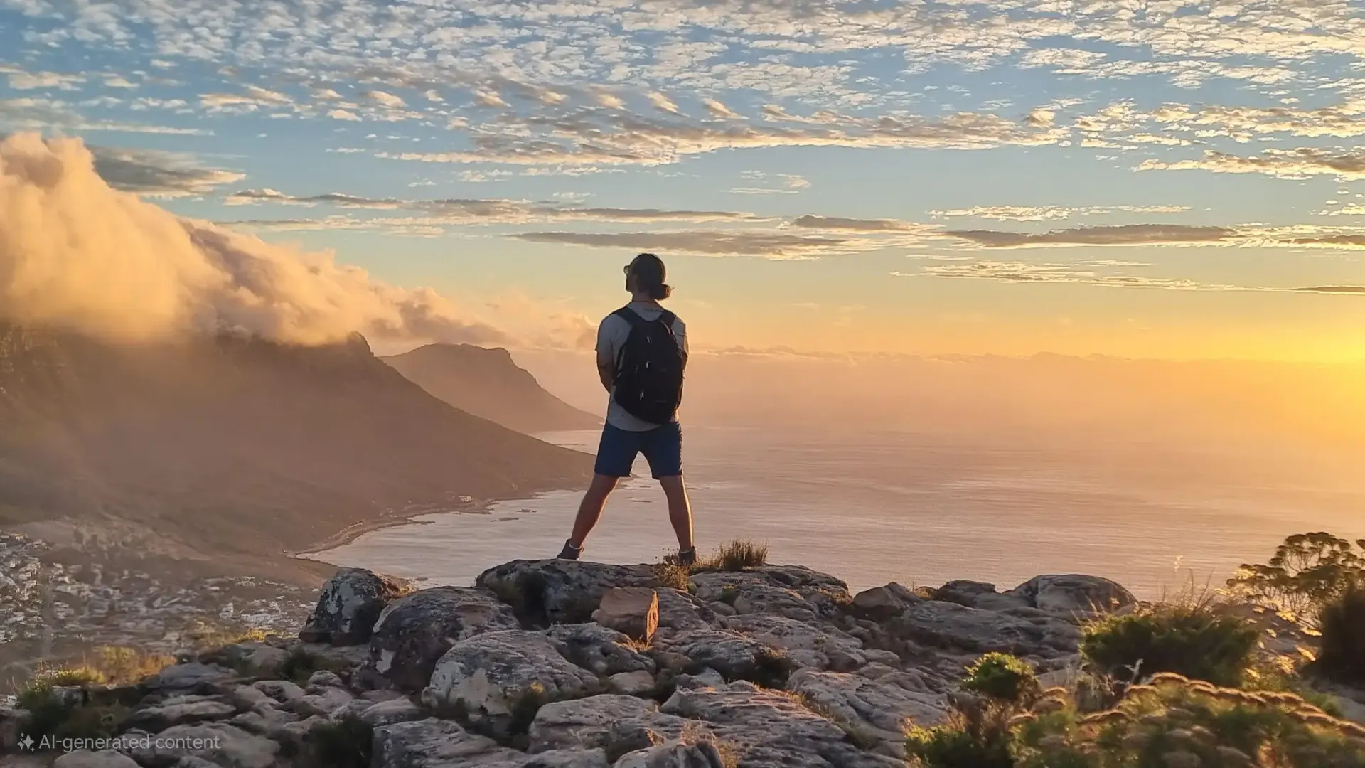 Hiker overlooking the Atlantic at sunset